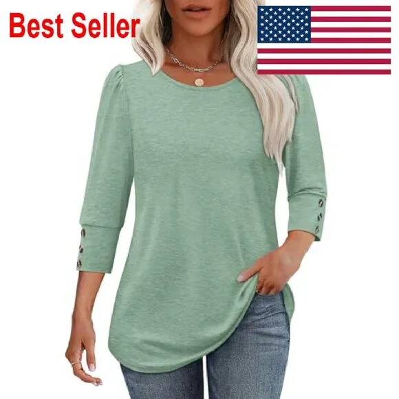 3/4 Sleeve Button Blouse Elegant Chic Casual Work Wear Flowy Fit - Picture 3 of 8